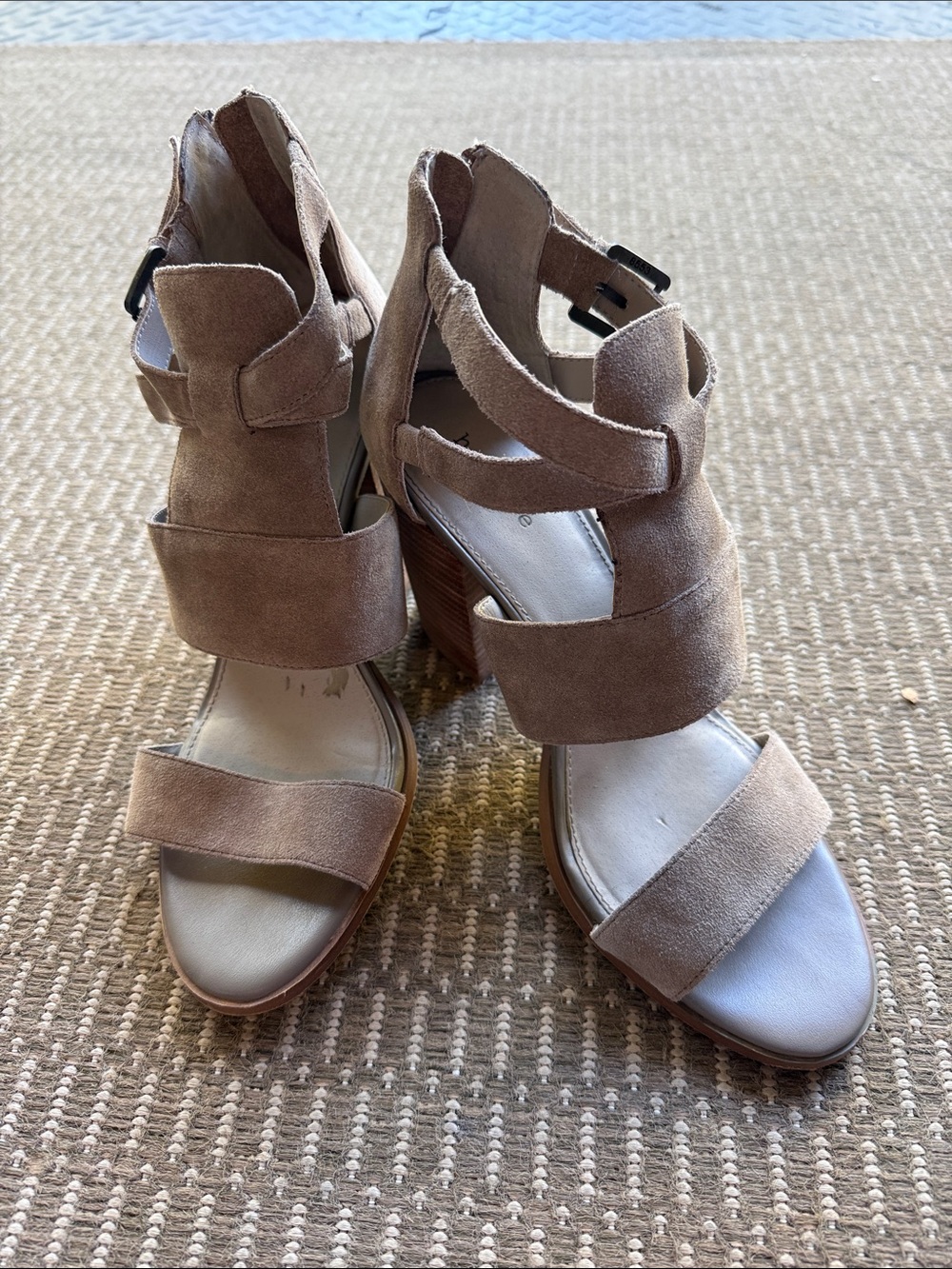 Hinge Brand: Suede Strappy Block Heel Sandal in Taupe